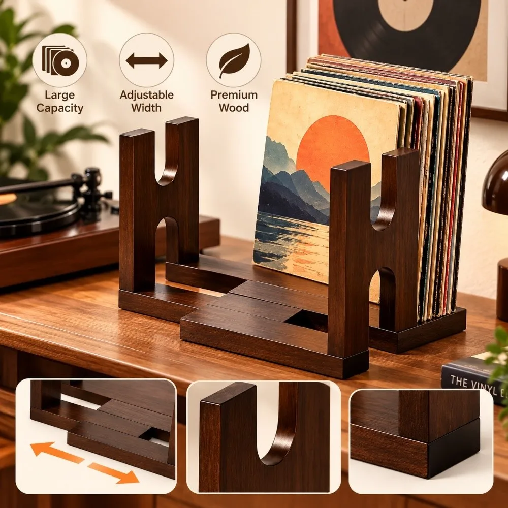 Solid Acacia Wood Vinyl Record Holder Expandable Smooth Surface LP Display Stand Compact Adjustable Divider Desktop Record Shelf
