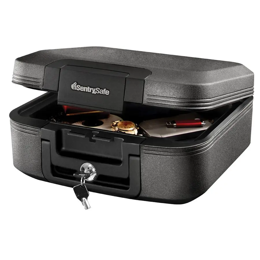 رمادي داكن مقاوم للحريق ومقاوم للماء مع قفل مفتاح، صندوق قفل الصدر مع مقبض حمل للسفر، 0.28 قدم مكعب، 6.6 × 15