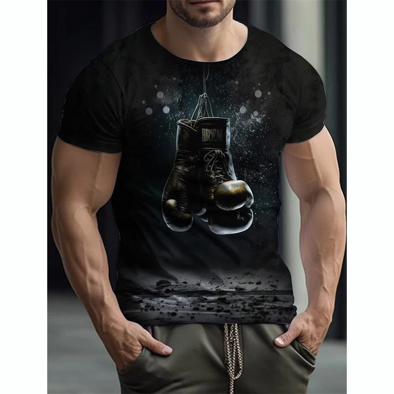 Boxing Gloves T-shirts Men's Gym Fitness Sports T-shirt Clothing O-neck Short Sleeve Retro 3D Print Casual Fashion Loose Tees