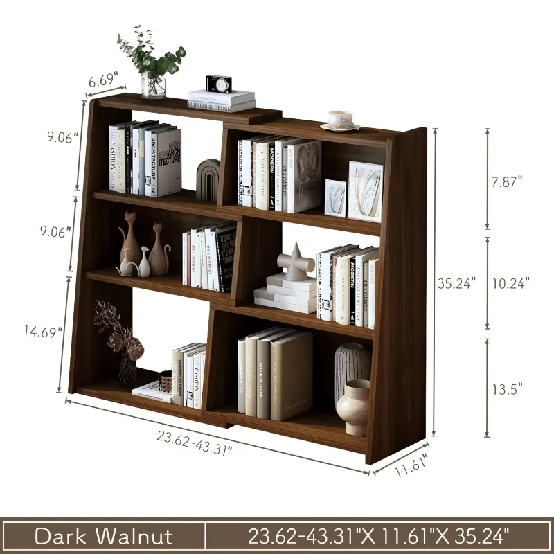 Modern ladder bookcase with dark walnut shelving for living room or bedroom