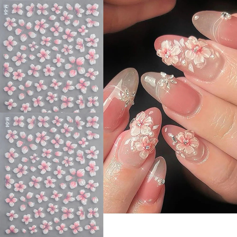 2pcs Pink White Gradient Cherry Blossom Nail Stickers 5D Jelly Vivid Dew Delicate Pink Flower Sakura Spring Nail Decals DIY Deco