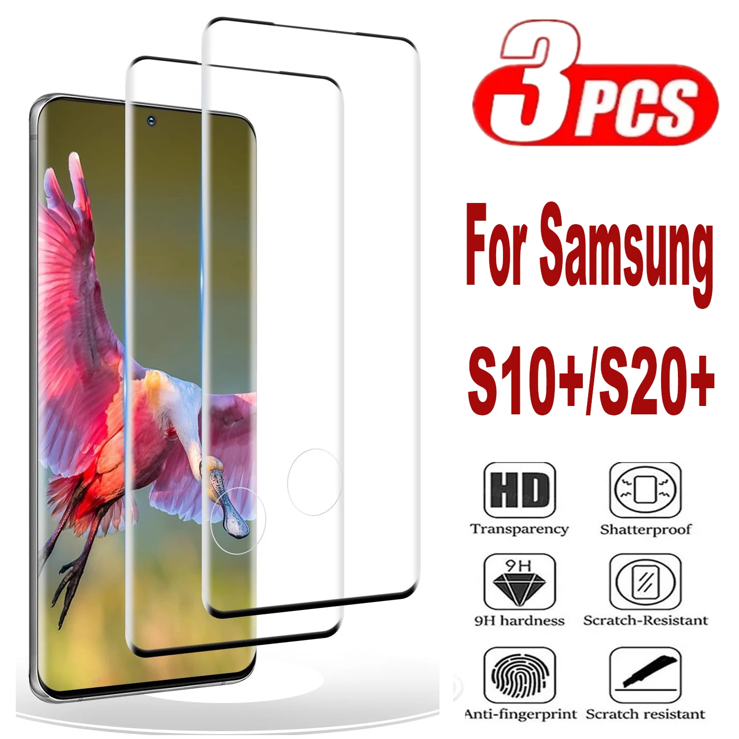 For Samsung Galaxy S10 +, S20 +, 9H Screen Protector Curved Four Sides Glue 3Pcs HD Tempered Glass