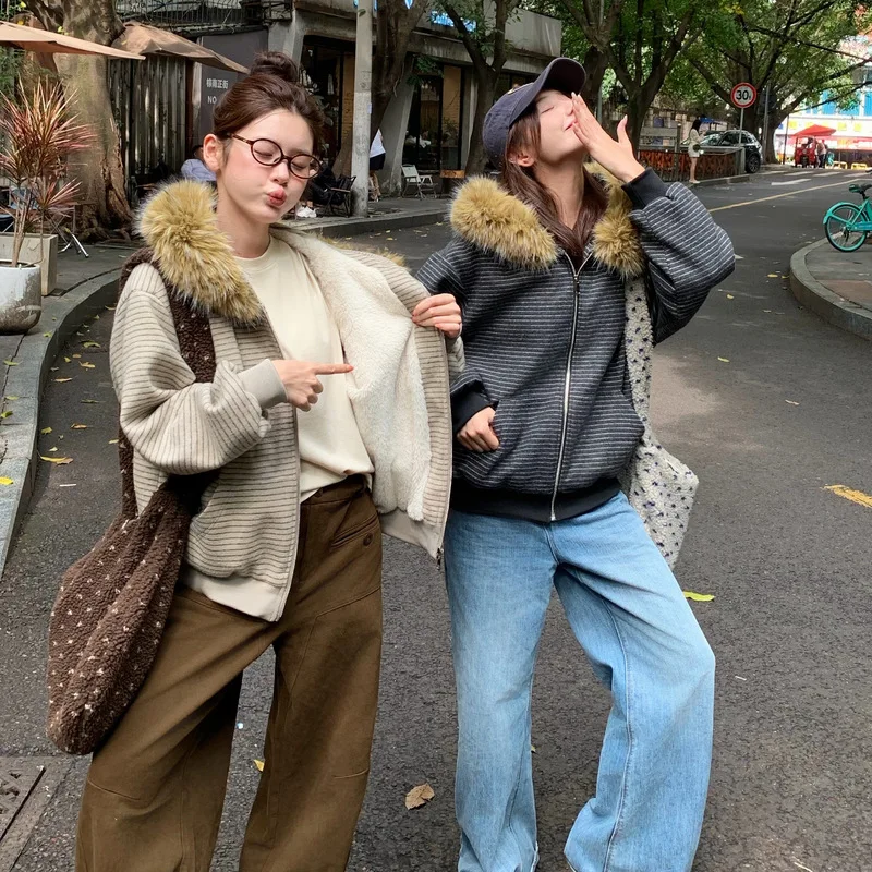 Women Autumn Winter Striped Hooded Faux Fur Trim Fleece Lined Jackets Loose Warm Zipper Windproof Pockets Short Female Outerwear