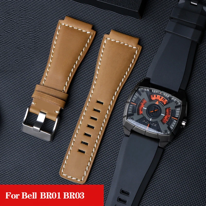 Cowhide Leather Strap Silicone Belt for Bell & Ross Series BR01 BR03 POLIC Watch Strap PL14796 PL15472 Raised B&R Watchband Male