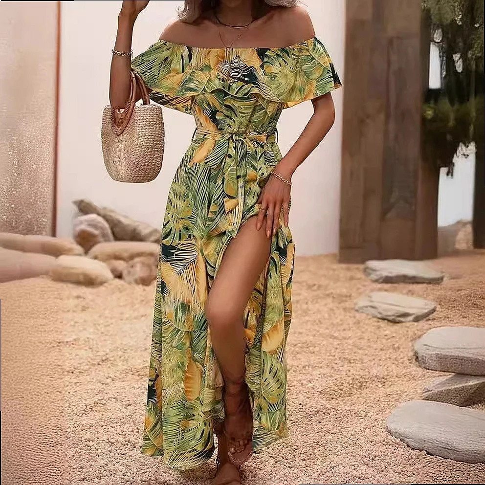 Off Shoulder Ruffle Tie Waist Dress Women Summer Casual Dresses Beach Vacation