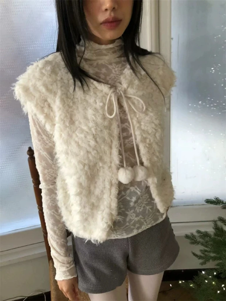 

Милый пушистый жилет с поясом, жилет с поясом, V-Ne, зимний жилет для поездок на работу, очаровательный галстук в стиле ретро, мягкий женский джемпер