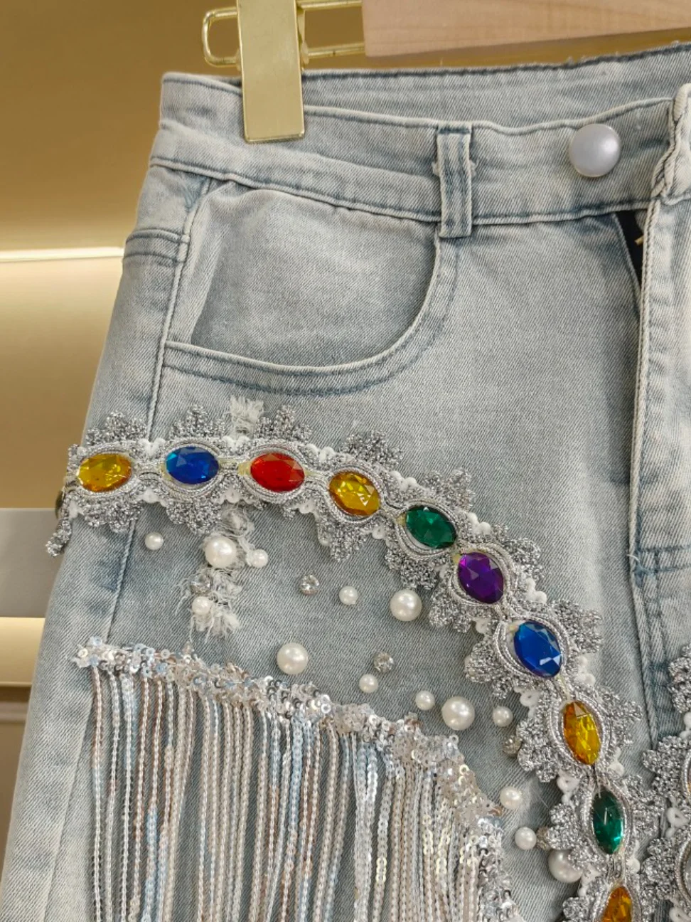 Industry Color Heavy Diamond Sequins Tassel Denim Women Spring Summer High Waist Loose Slimming Wide-Leg Shorts Hot Pants