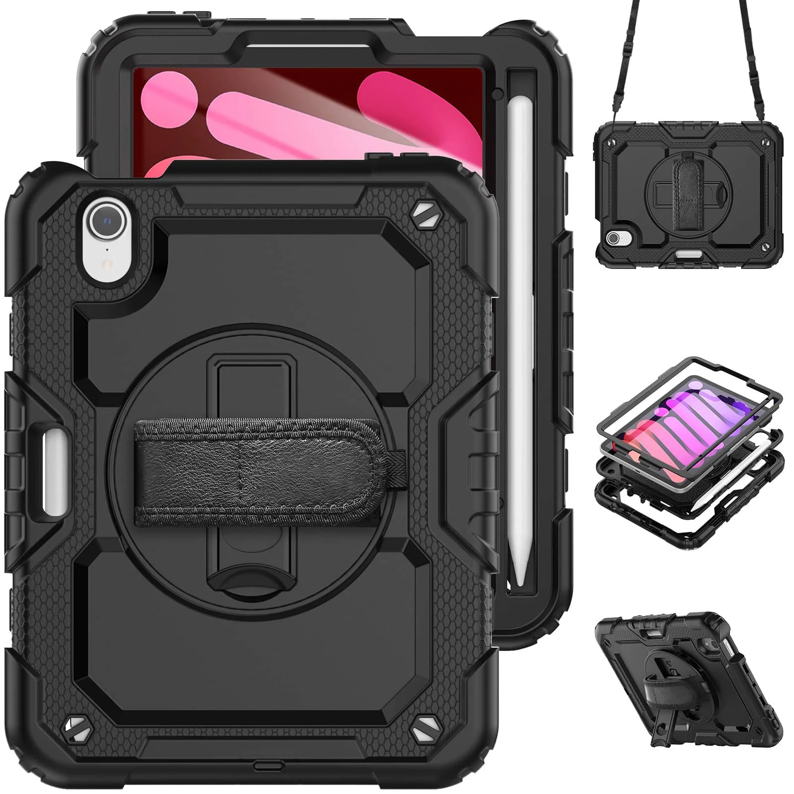 Case for iPad Mini 7 (A17 Pro)2024/ Mini 6 8.3'' with Screen Protector Pencil Holder [360 Rotating Hand Strap] &Stand Shockproof
