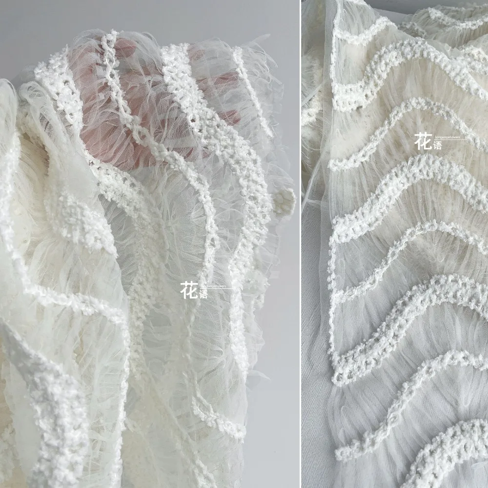 White Fishbone Wave Embroidery Texture Mesh Fabric Light Creative Wedding Dress Handmade Diy Clothing Design Fabric