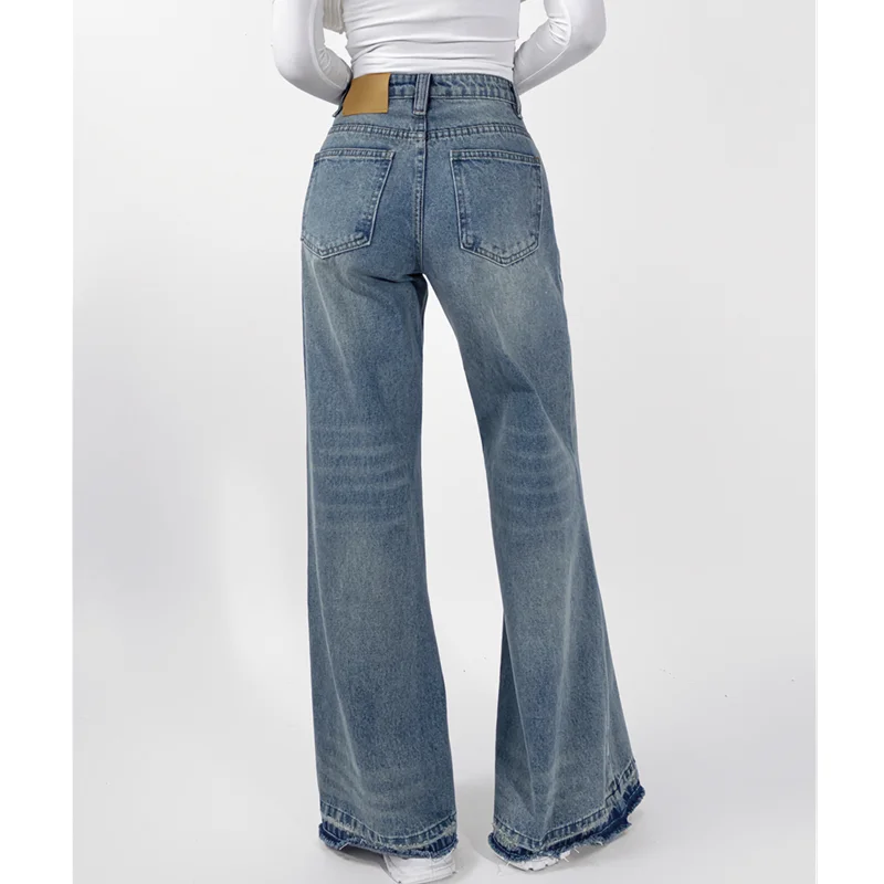 Women Loose Denim Pants Floor Length Tight Trousers Amercian Retro Washing Blue Low Waist Flare Wide Leg Jeans