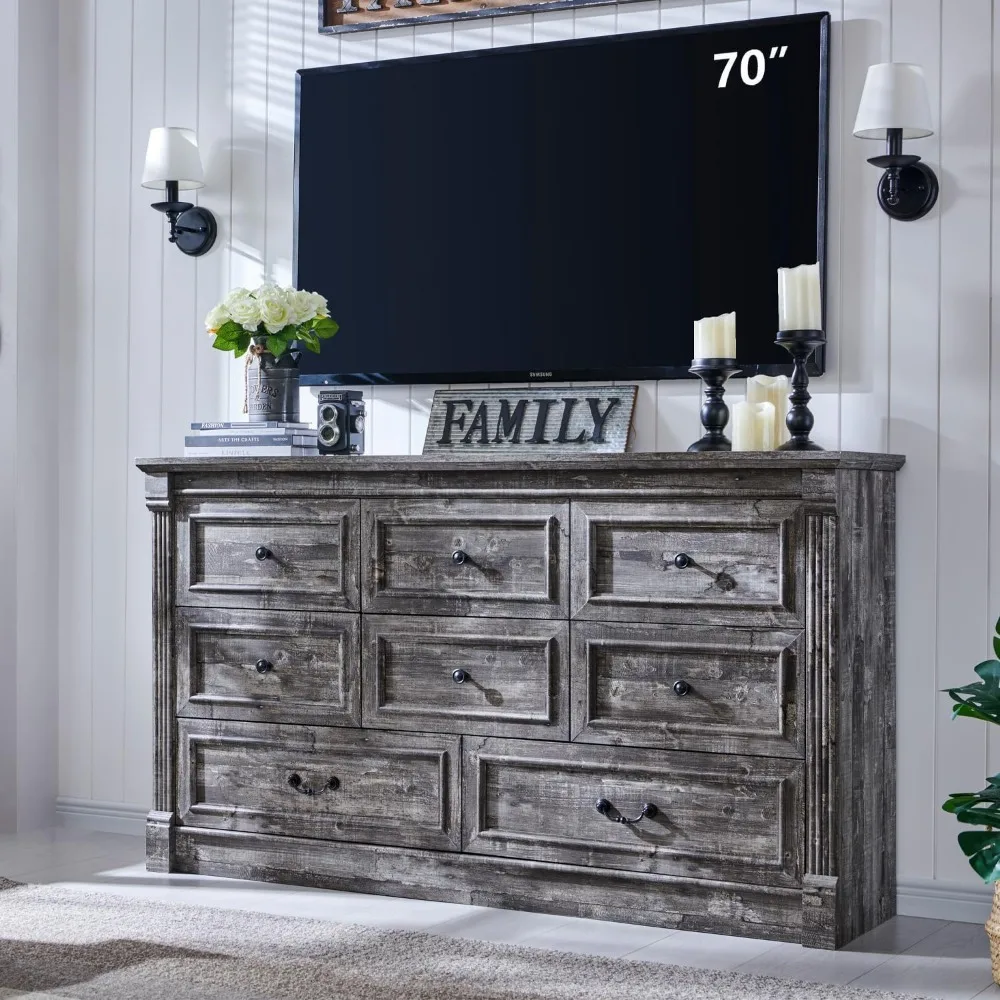 

Farmhouse 8 Drawers Dresser for Bedroom, 61" Wide Large Dressers & Chests of Drawers w/Roman Column, Storage Dressers Organizer