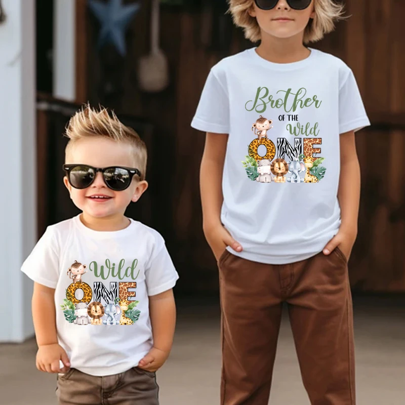 Brother of The Wild One Shirts Siblings Matching Printed T Shirt Boys Birthday Party Shirt Summer Tee Shirt Cartoon Kids Clothes