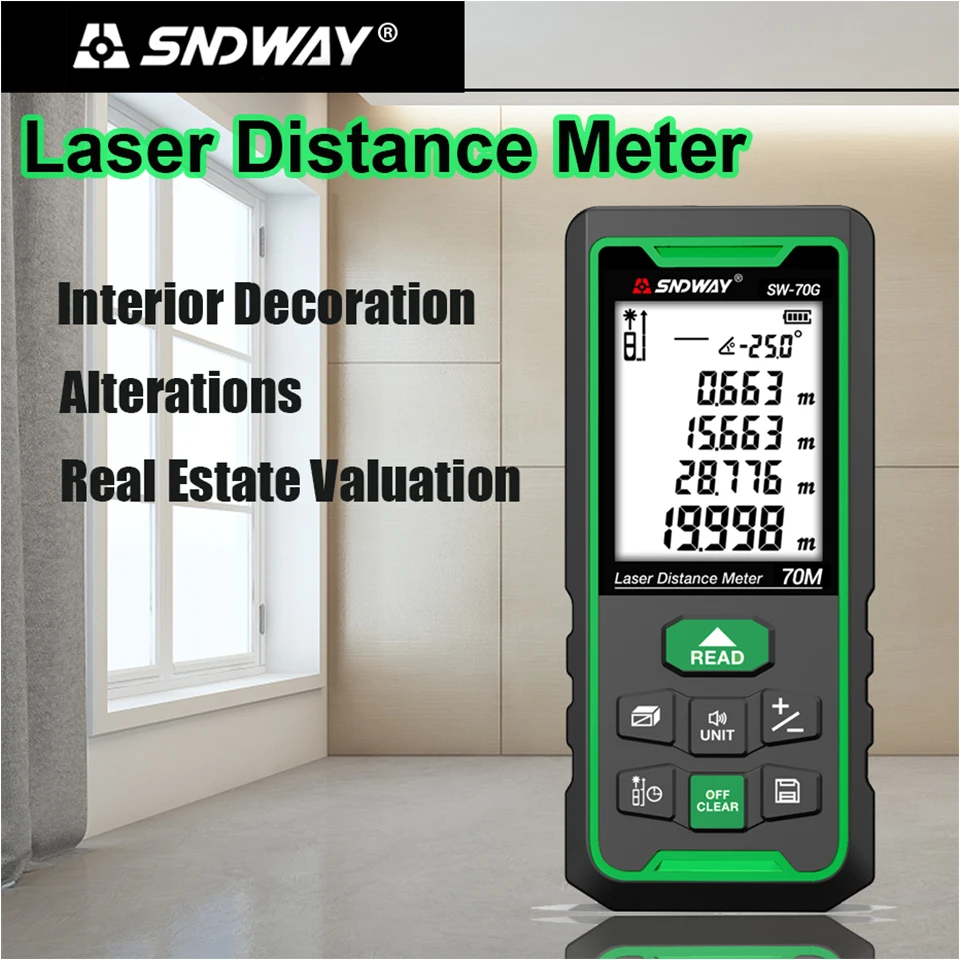 

SNDWAY Green Line Laser Rangefinder Distance Meter Digital Range finder Laser Tape Ruler Laser Distance Meter 50m 70m 100m