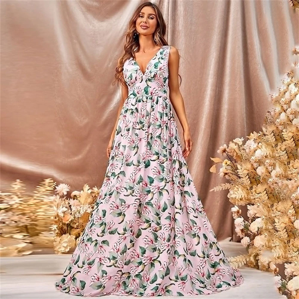 Vestido longo com estampa floral feminino, decote em v, sem mangas, cintura alta, festa, maxi, noite, vestidos de casamento, elegante, praia, verão, 2024