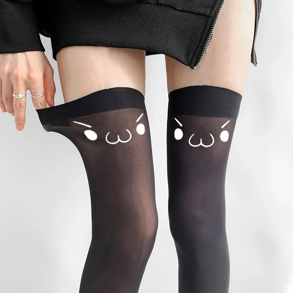 1 Pair Women's Thigh-High Socks – Cute Expression Print, Comfortable & Breathable, Leg-Flattering & Versatile (Spring/Summer)
