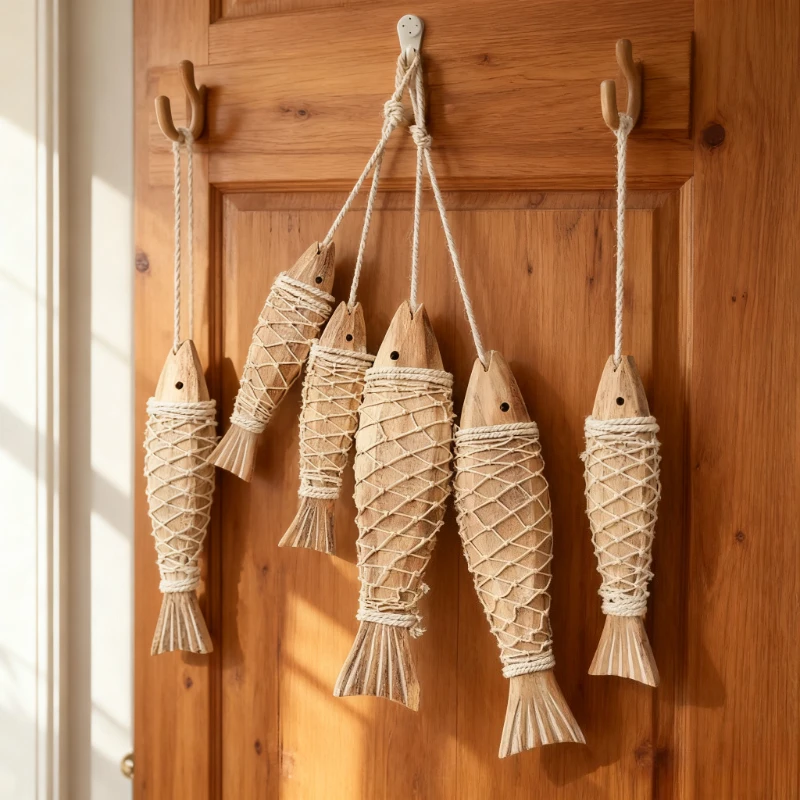 Decoración de pared de pez azul de madera colgante, playa mediterránea, tema náutico, estilo costero, llamativo, decoración del hogar