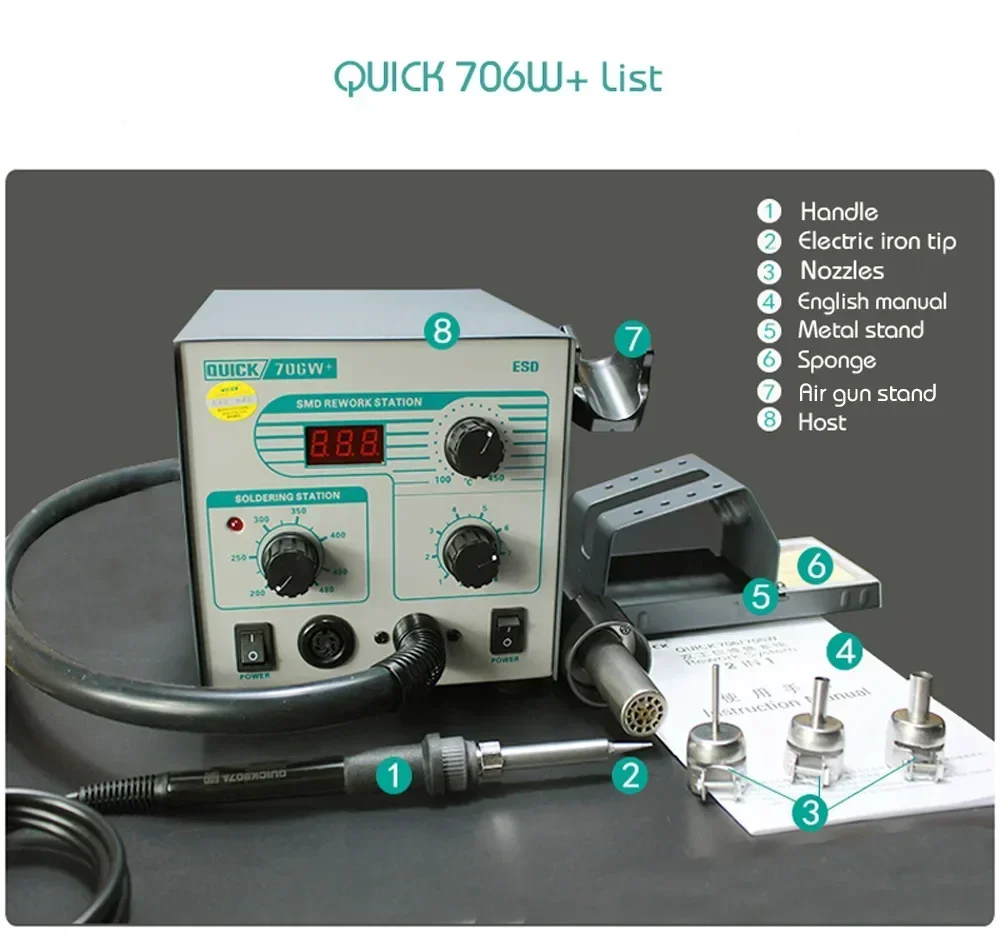 QUICK 706W+ Digital Display Hot Air Gun + Soldering Iron Anti-static Temperature Lead-free Rework Station 2 in 1 With 3 Nozzles