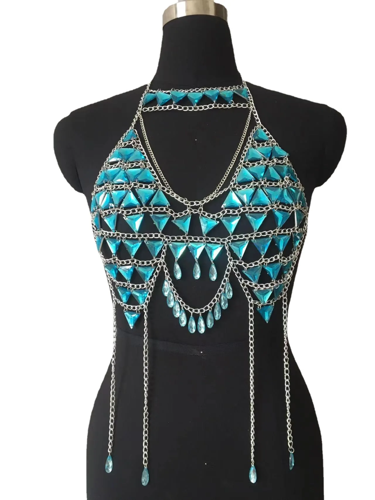 Blue Acrylic Beads Statement Halter Necklace Camis Hollow Out Aluminium Chain Crystal Tassel Bra Chain Sexy Beach Body Jewelry