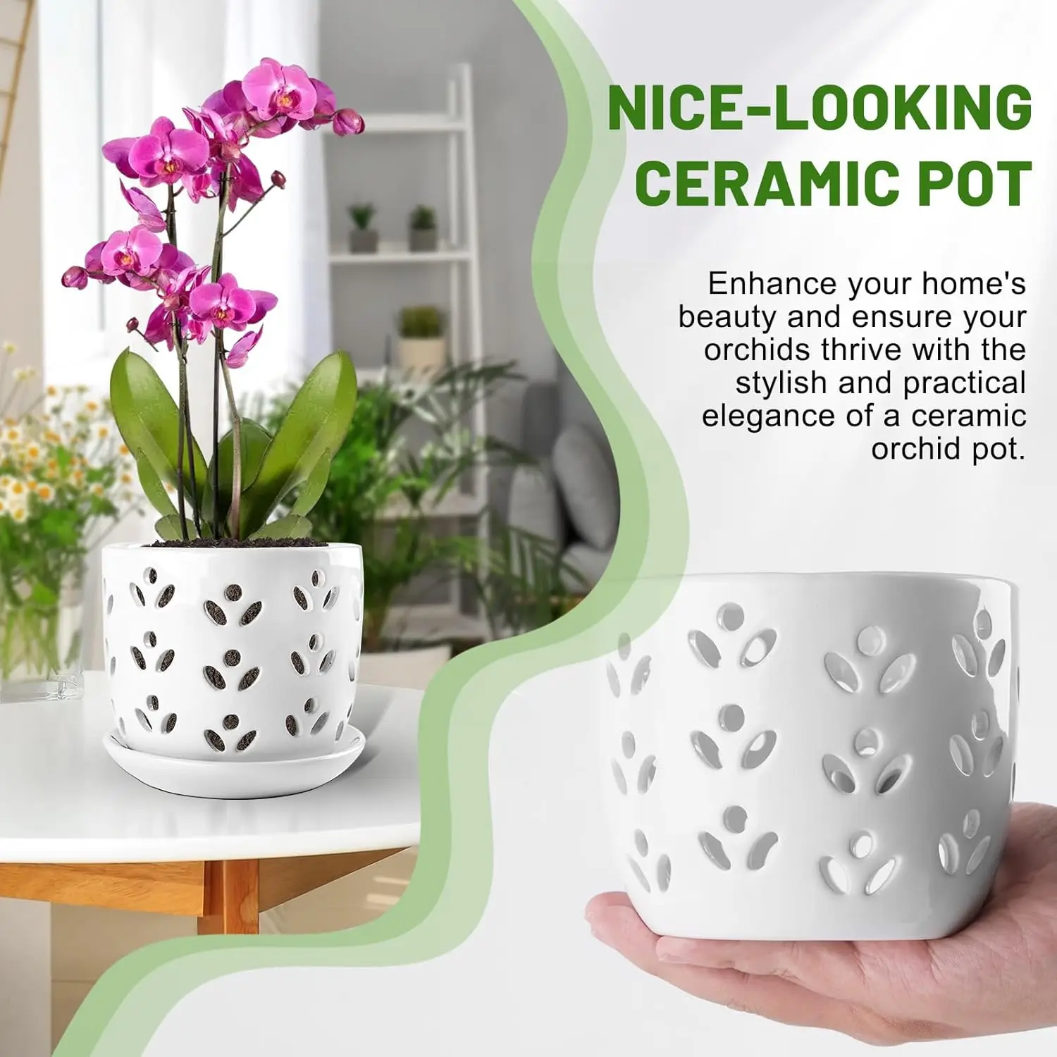 Orchid Pot, 2 Pack Orchid Pots with Drainage Holes and Saucer, 6 Inch and 5 Inch Large Ceramic Planter, Good Air Circulation, White