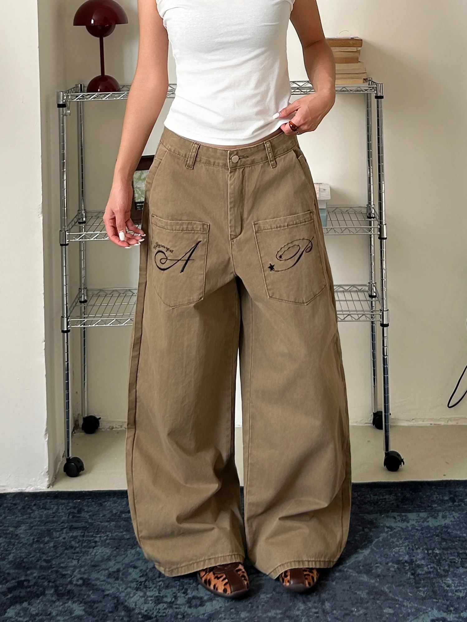 American Retro Street Workwear Jeans Embroidered Wide Leg Knife Casual Long Pants Loose Fit l Waist Cotton Zipper