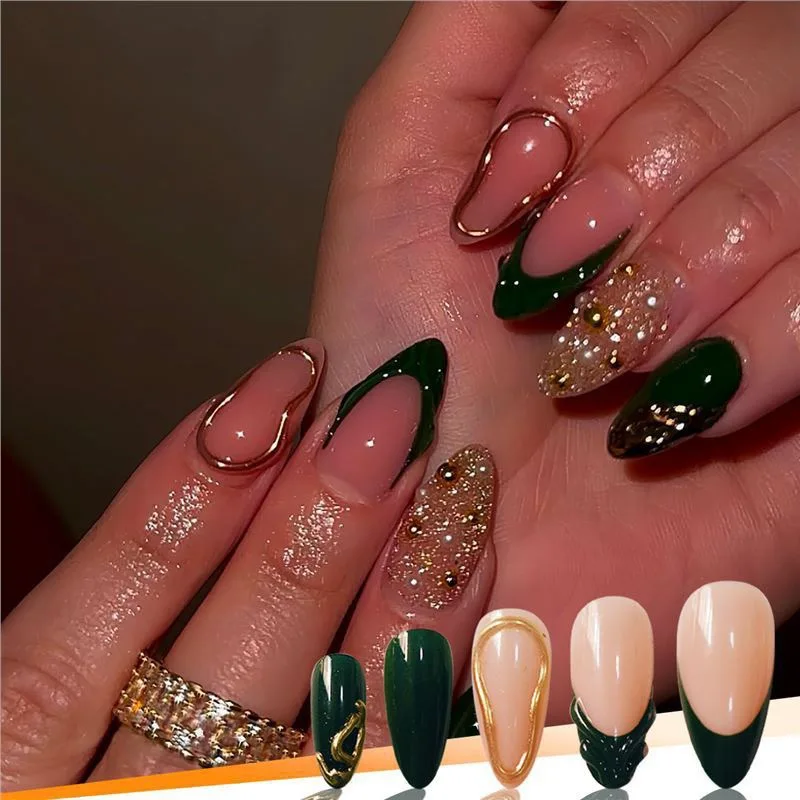 

24pcs Finished False Nails Art Golden Pearl Almond Press on Nails Shiny Powder Design Fake Nail Datachable Green French Manicure