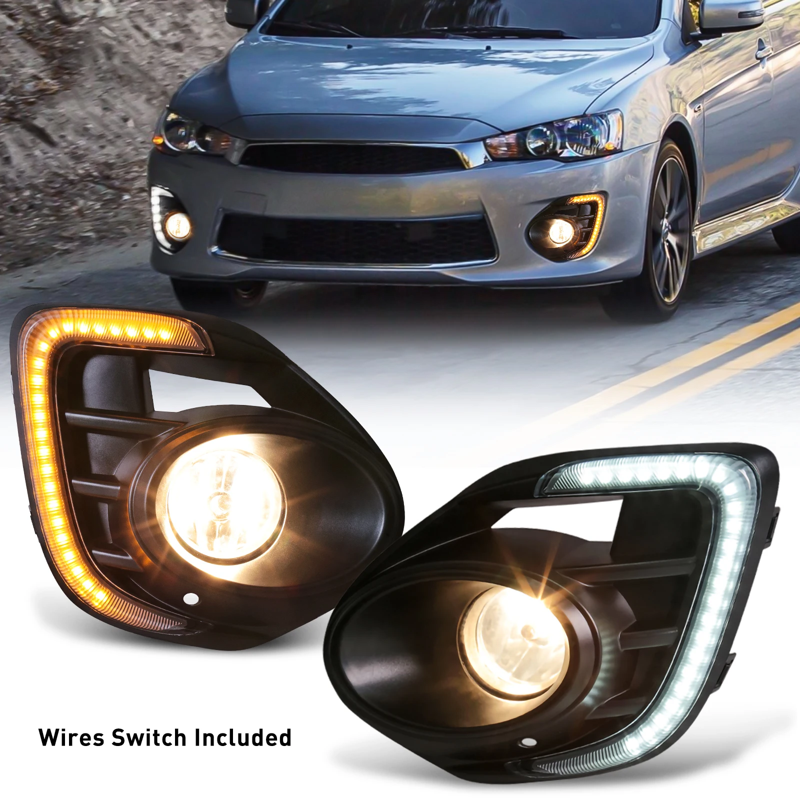 For Mitsubishi Lancer 2016 Car LED Daytime Running Lights DRL White Yellow Turn Signal Fog Lamp With Wire Switch Accessories 12V