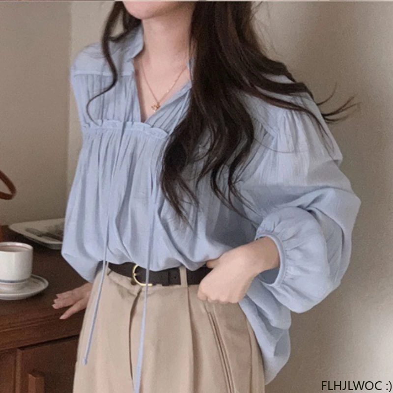 2023 Bow Tie Tops Basic Shirts Blouses Women Fall Basic Retro Vintage Solid White Chic Japan Korea Clothes Design Blusas