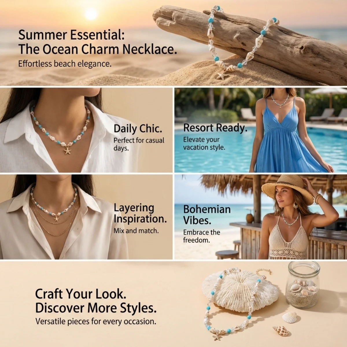 Metall-Seestern-Muschel-Anhänger-Halskette für Damen und Herren, Kristall-Reisperlen-Choker, Bohemian-Strandurlaub, Sommerparty-Schmuck – Detail 5