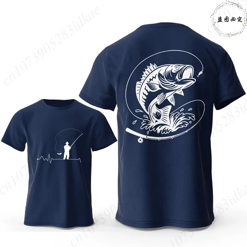 Fishing Lover T-Shirts for Men Fisherman Heartbeat Bass Fish Print Graphic Tops Casual Short Sleeve Tees Oversized Male Clothing