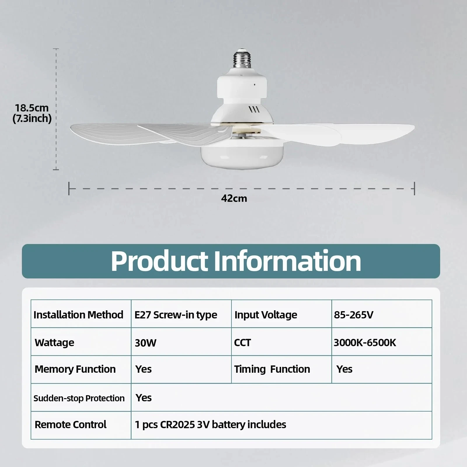 Ventilatore da soffitto a LED 30W luce E27 ventilatore da soffitto con funzione di regolazione del telecomando per soggiorno, sala studio e uso