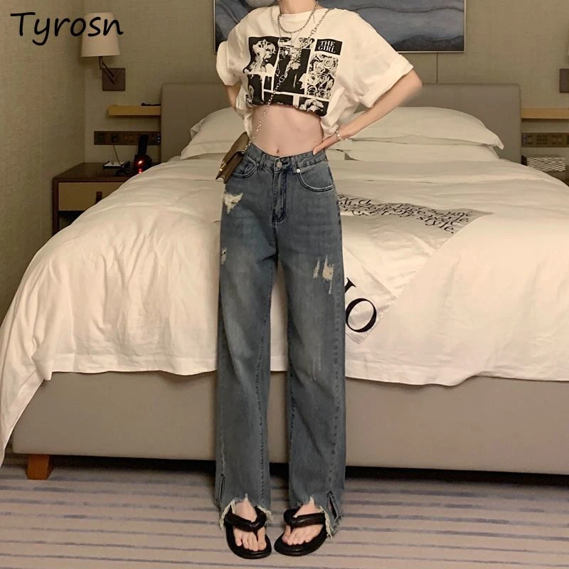 

Frayed Jeans for Women Side-slit Korean Style Fashion All-match Simple Leisure Female High Waist Straight Vintage Designer Ins