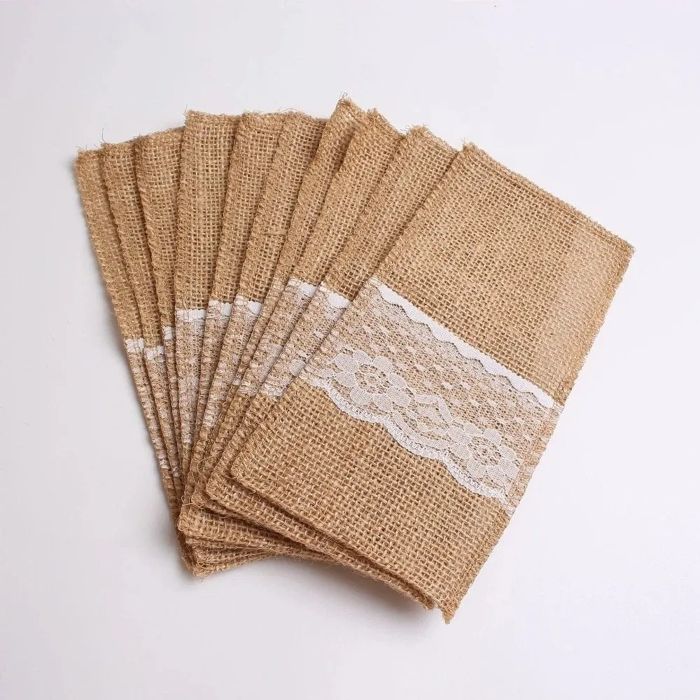 Practical Rustic Style Linen Lace Cutlery Bag Lace Burlap Utensil Cutlery Holders Decorative Fork Bag Home Decorative Gift