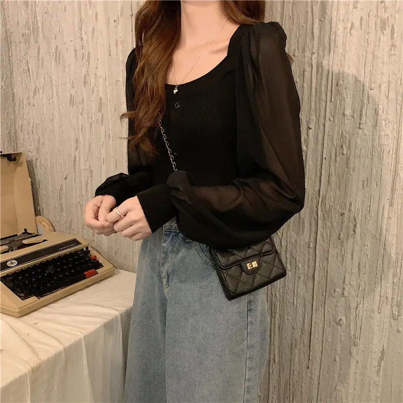 Top de punto de estilo suave para mujer, diseño Sense, primavera y otoño, nuevo cuello cuadrado corto, mangas largas