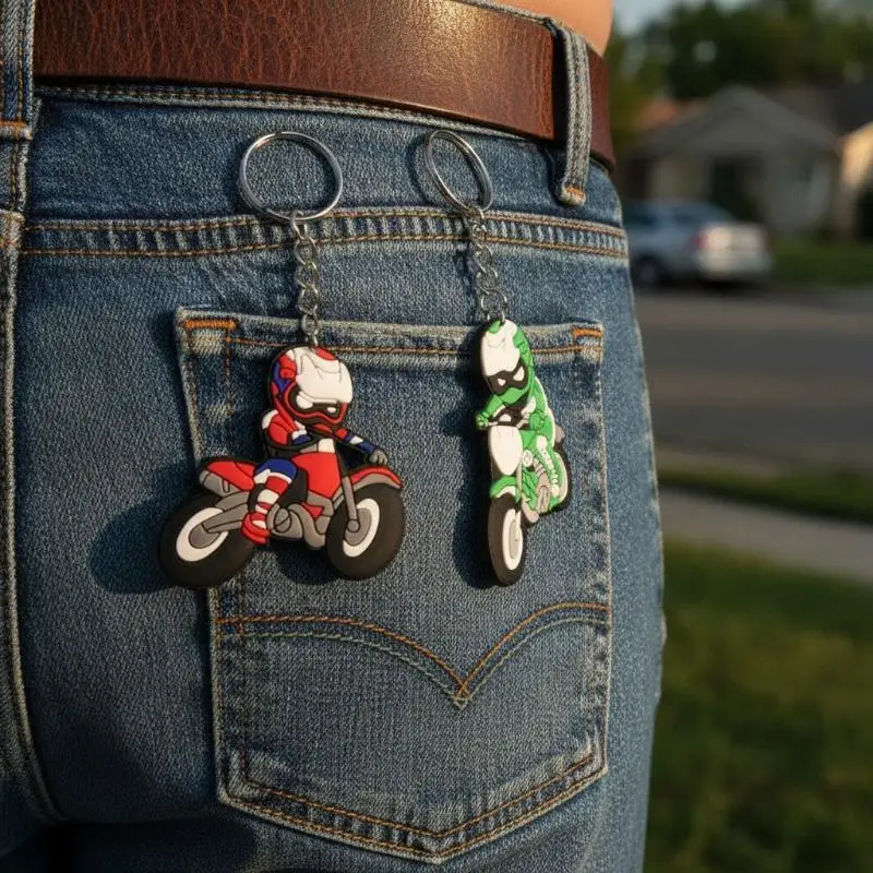 5 Stück Motocross-Fahrer PVC-Schlüsselanhänger, Niedliches Cartoon-Design, Mehrfarbig, für Motorrad-Fans, Taschendekoration, Kleines Geschenk – Detail 7