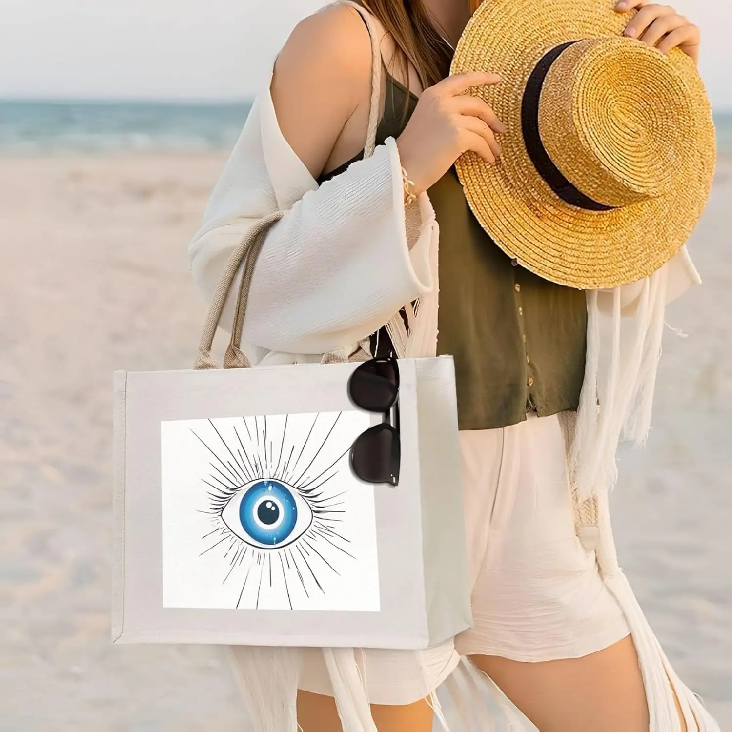 (Evil Eye) Canvas Tote Bag Beach Travel Shoulder Bag Gifts Shoulder Tote