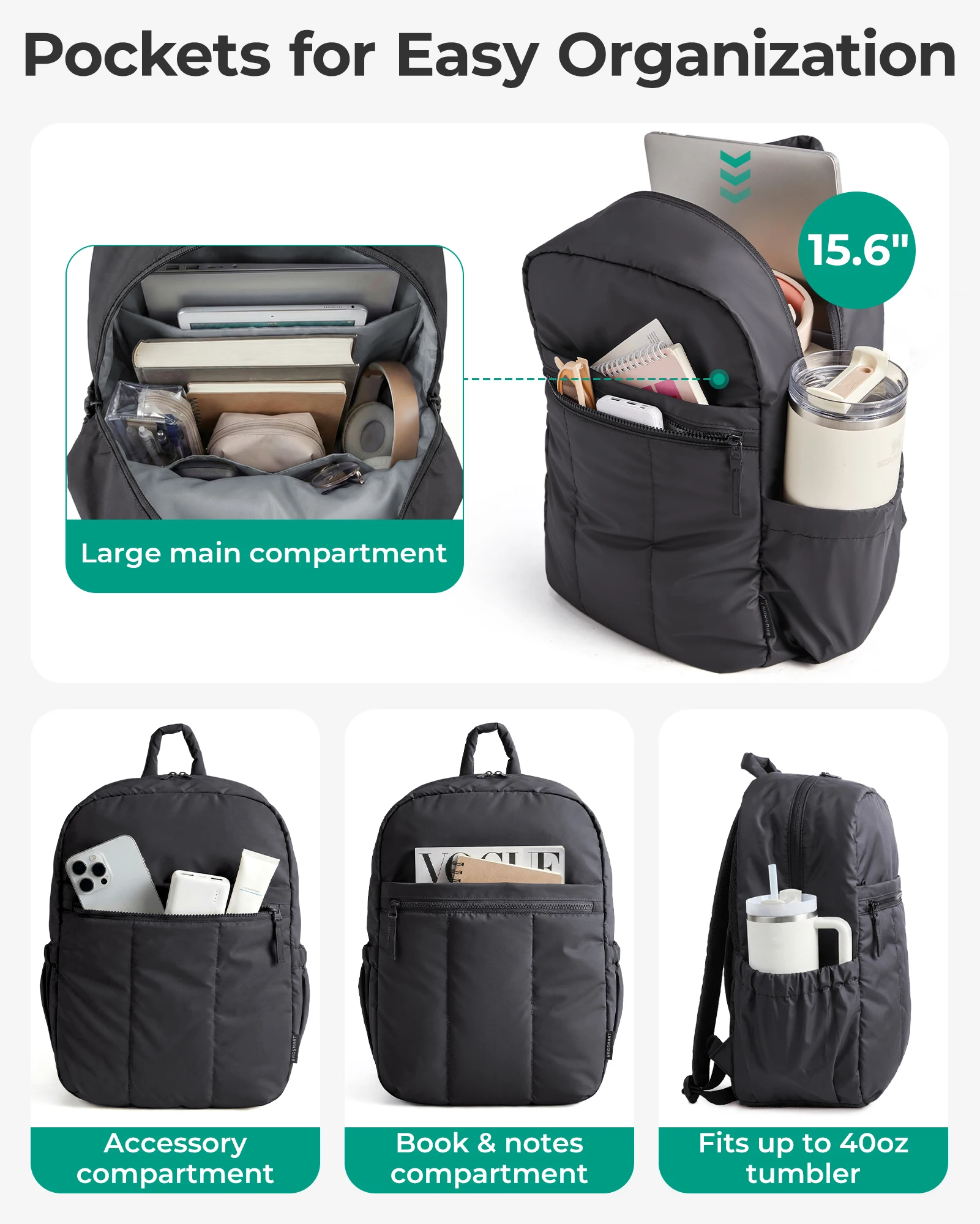 BAGSMART 15,6-calowy plecak na laptopa o dużej pojemności, plecak szkolny dla studentów, męski i damski, wielofunkcyjny plecak biznesowy — zdjęcie produktu 3