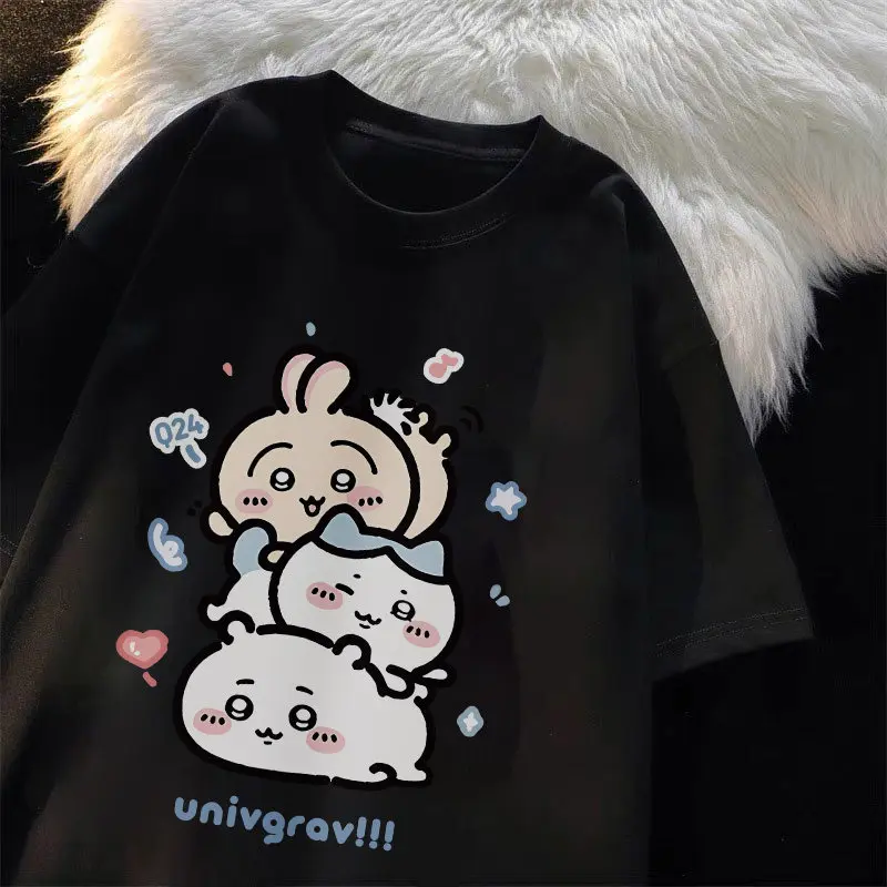Chiikawa Stack T-Shirt Japanese Kawaii Anime Graphic Oversize Loose Casual Short Sleeve Cotton Top for Women Girls