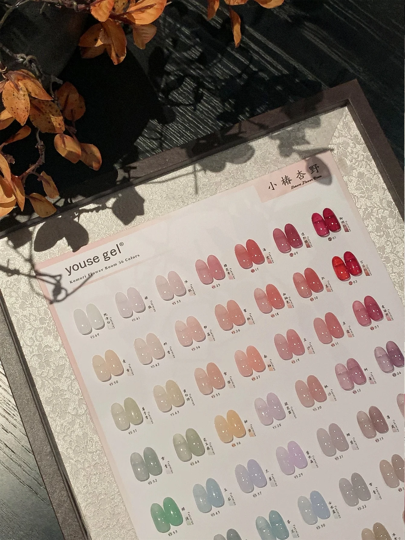 Ensemble de vernis à ongles gel 56 couleurs avec finition transparente, nuancier, gel UV pour ongles, charme artistique pour nail art.