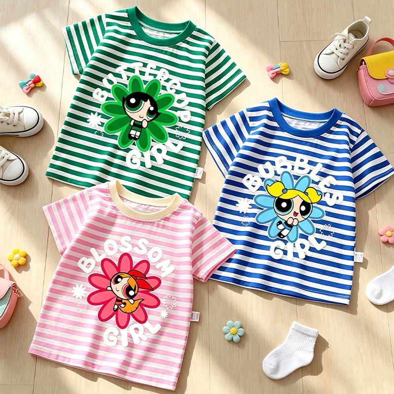 The Powerpuffs Girls Striped T-shirt for Girls Anime Cartoon Cute Short-sleeved Top Children Summer Fashion Sports T-shirts Gift