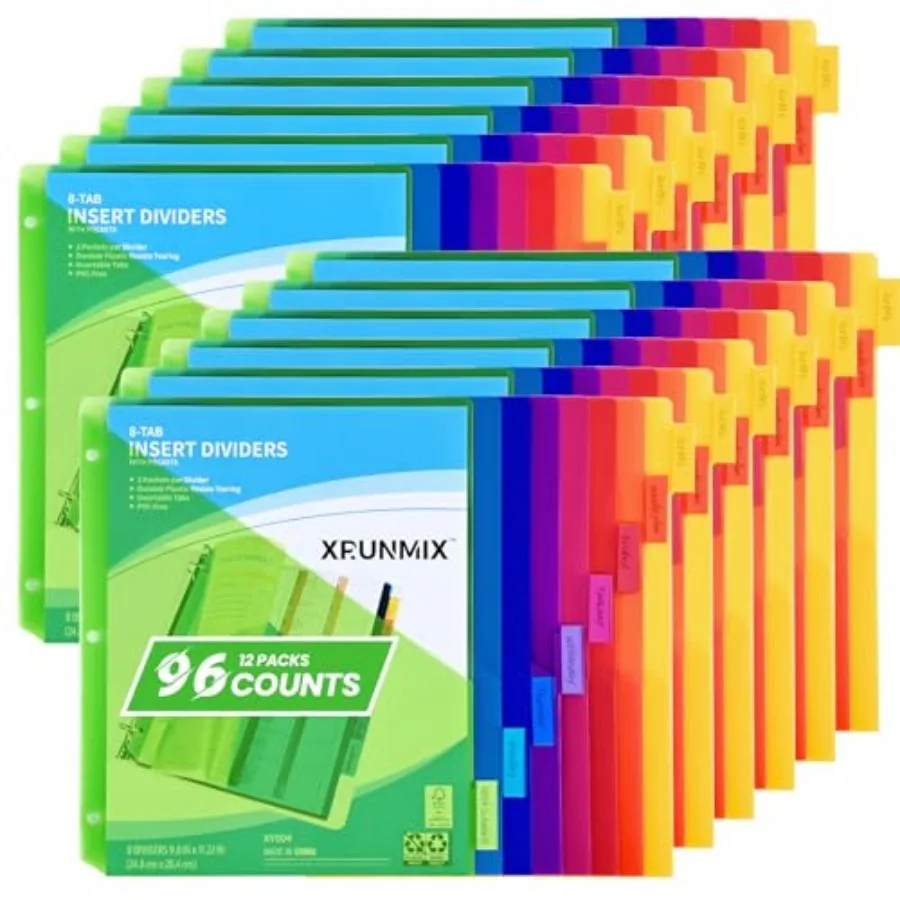 

Разделители для папок на 8 секций - разделители с карманами для индексов для 3-кольцевых папок, пластиковые протекторы для листов формата US Letter с 3 отверстиями, толщиной 0,5 дюйма