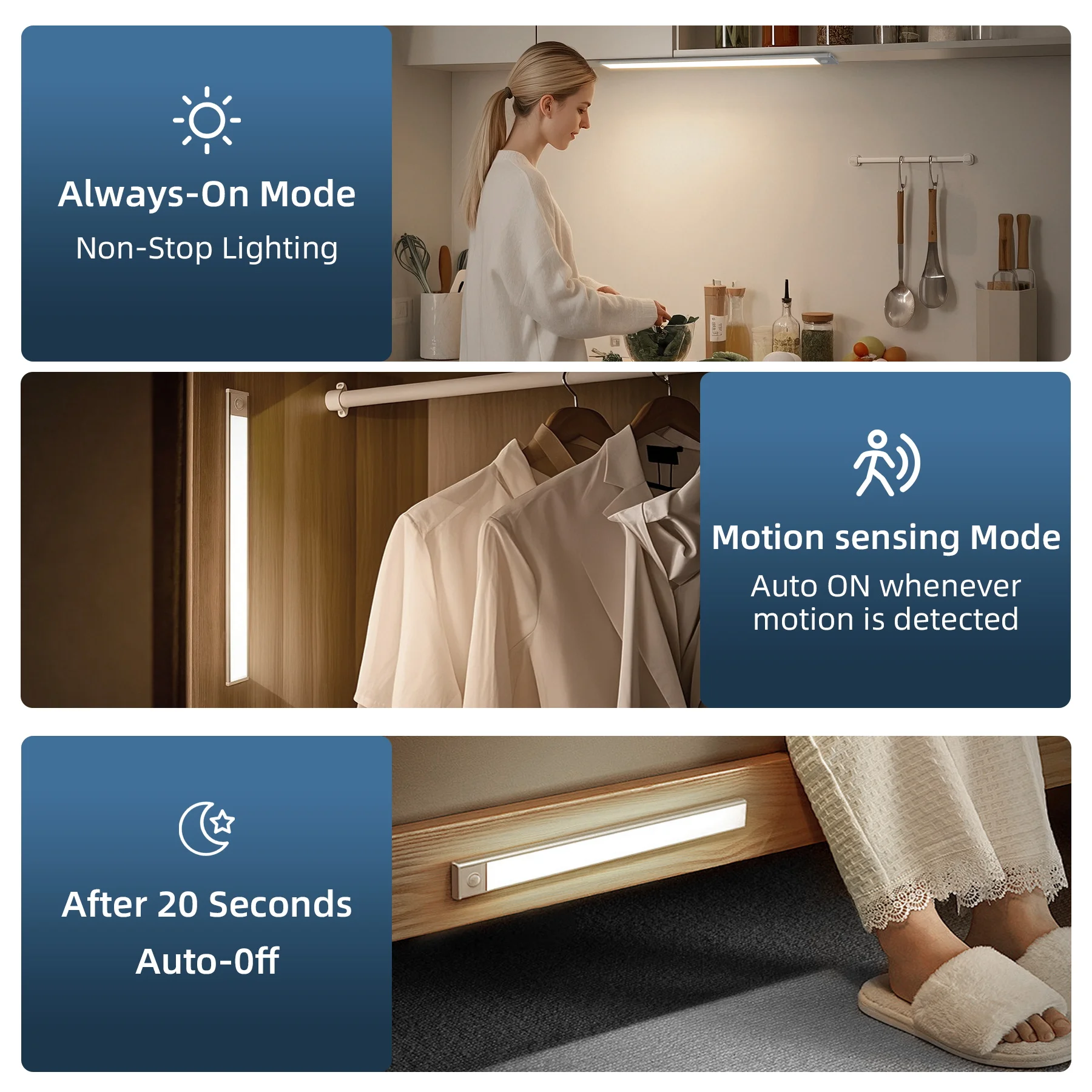 ضوء ليلي تحت أضواء الخزانات، ضوء LED رفيع للغاية، مستشعر حركة لاسلكي قابل لإعادة الشحن، 3 ألوان لإضاءة غرفة نوم المطبخ