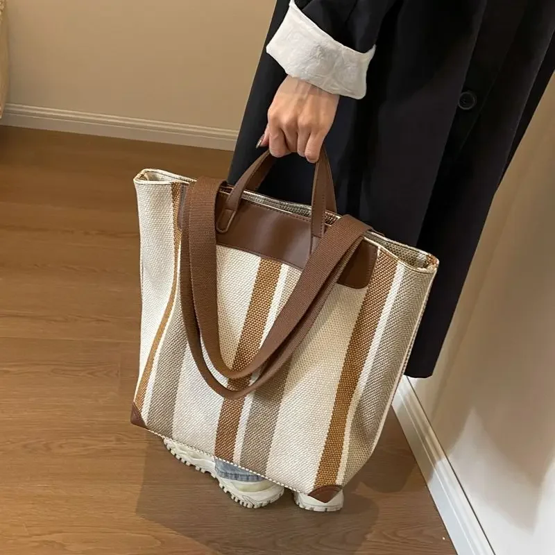 

Large Capacity Fashion Versatile Shoulder Bag Student Class Commuter Tote Bag New Striped Canvas Reusable Grocery Bag for Women