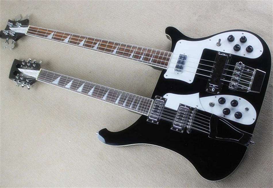 Flyoung Guitarra eléctrica de doble mástil negra de 4 + 12 cuerdas con Harware cromado, encuadernación corporal, oferta de personalización