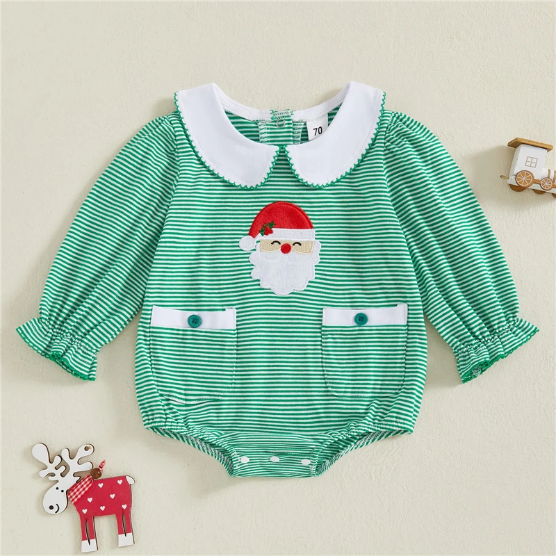 Toddler Newborn Baby Girls Christmas Romper Long Sleeve Doll Collar Stripes Embroidery Santa Claus Bodysuit Clothes
