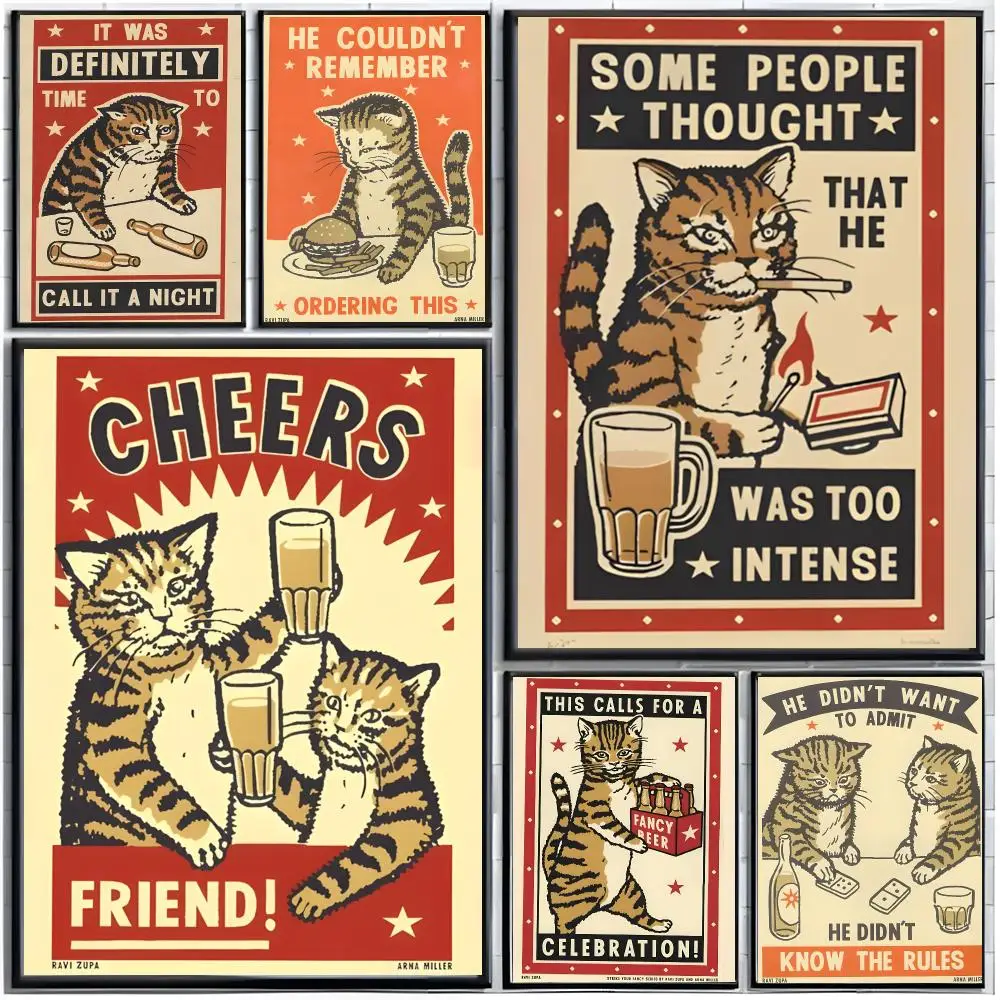artwork illustration D-Drunk Cats Poster Modern Wall Art Home Decor Living Room Decorative Print Unframed