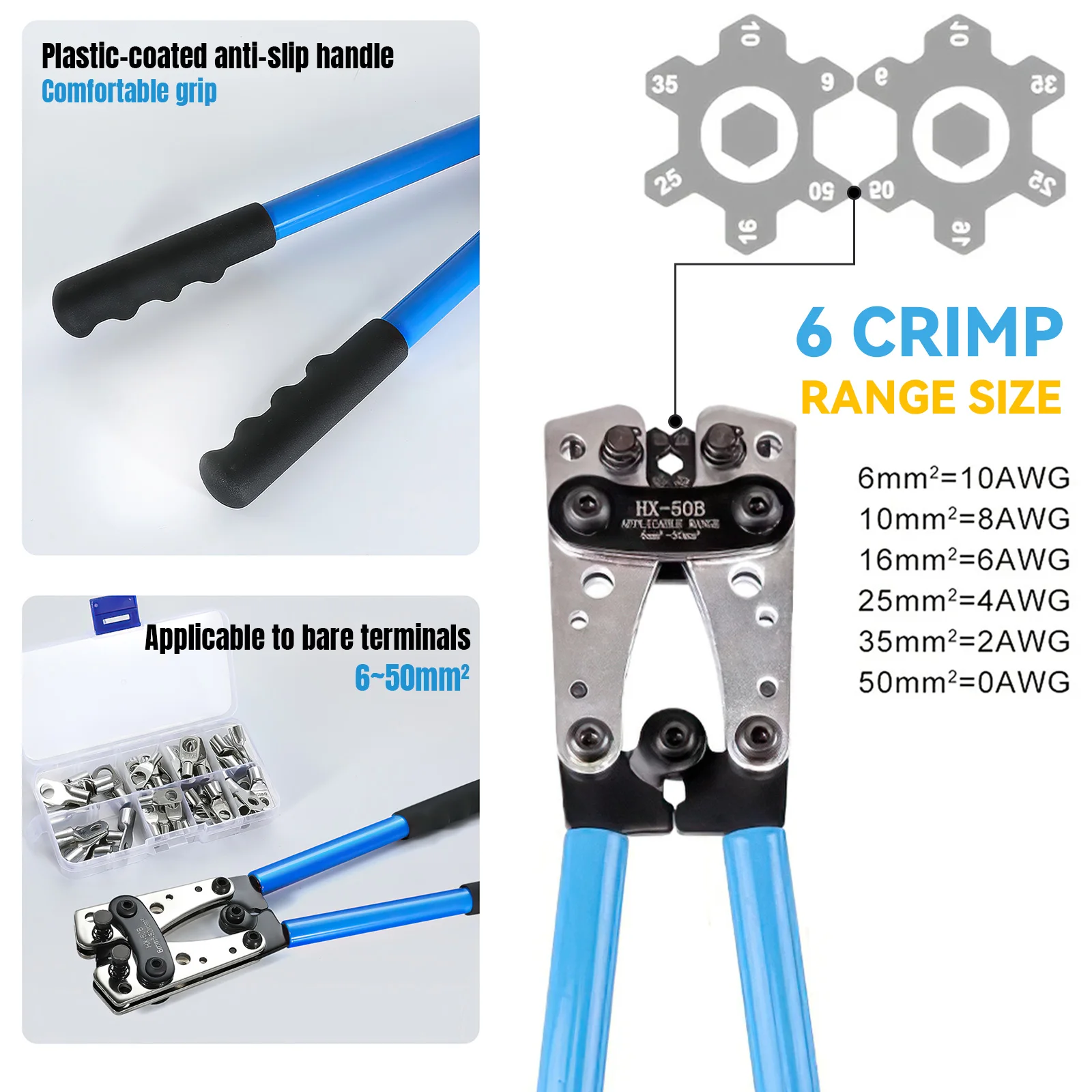Pince à sertir HX-50B pour bornes hexagonales, outil professionnel pour sertir les câbles, idéal pour les fils de batterie de 6 à 50 mm² AWG, opération de sertissage électrique.