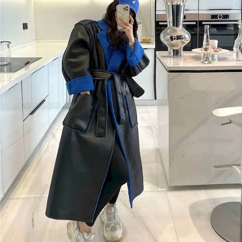 

MOJY Coats for Women Two Sided Dressing Long Sleeved Lapel Ankle Length Fleece Cardigans Oversized Winter Lambhair Jackets