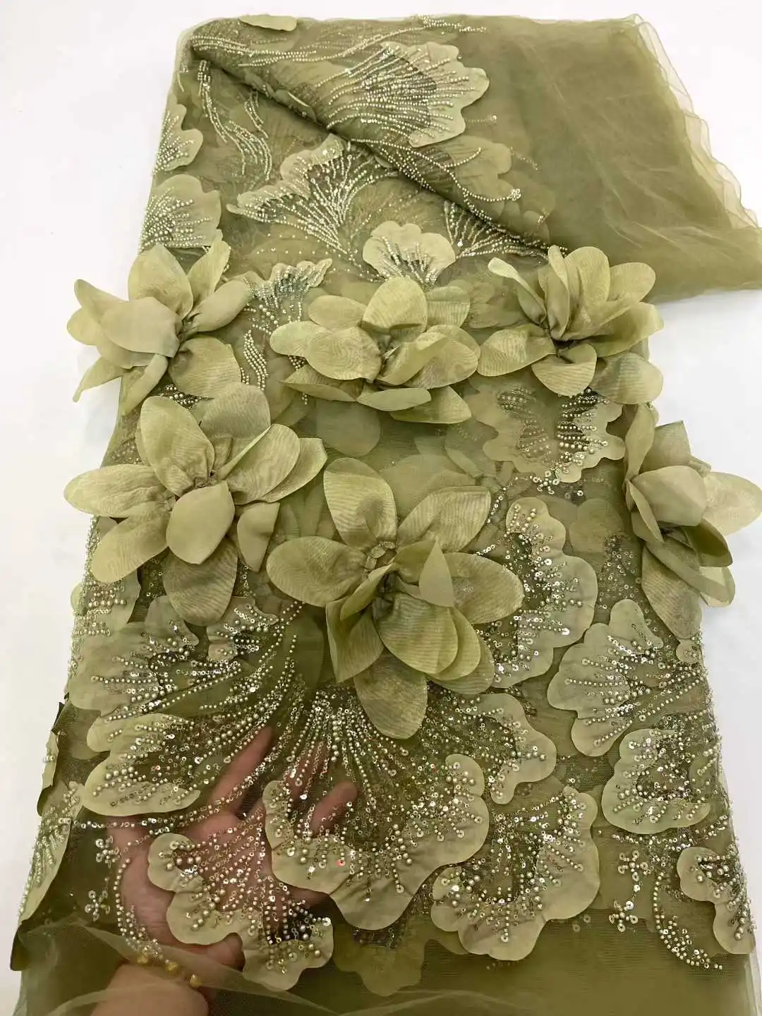 Afrikaanse 3D bloem kralen kant stof 2025, hoge kwaliteit Franse Nigeriaanse pailletten borduurwerk tule stof voor trouwjurk naaien