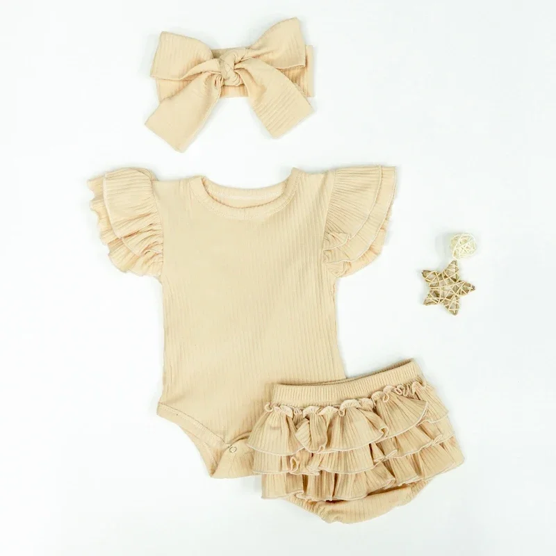 Baby Girls Romper Set | Newborn Flying Sleeve Rompers | Knitted Rompers with Bow Headband | Cake Bloomers | Ropa Bebe