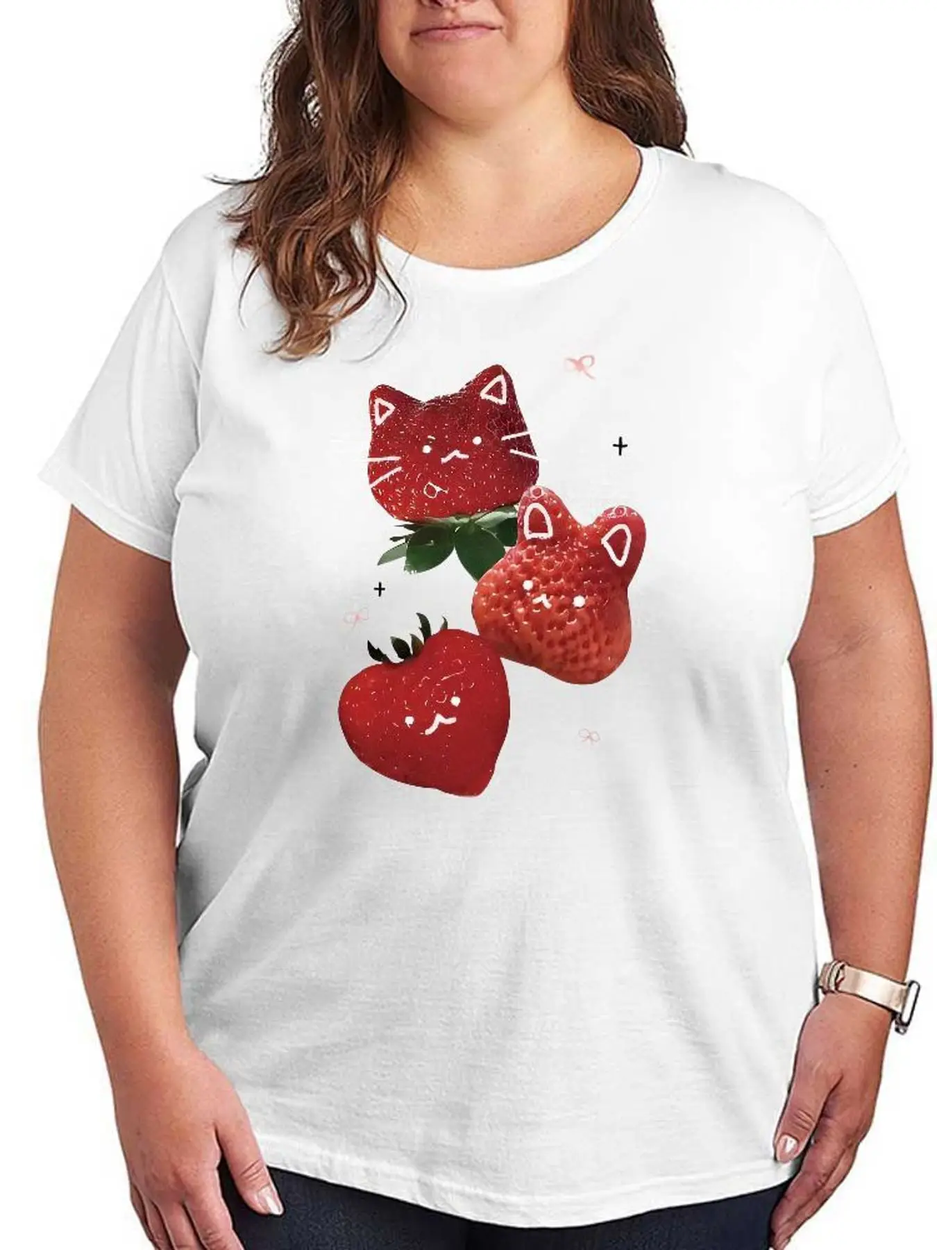 Cute Strawberry Cat Graphic T Shirt Women Fashion Casual Stretchy Oversized Tee Short Sleeve Plus Size Cotton Soft Summer Clothes